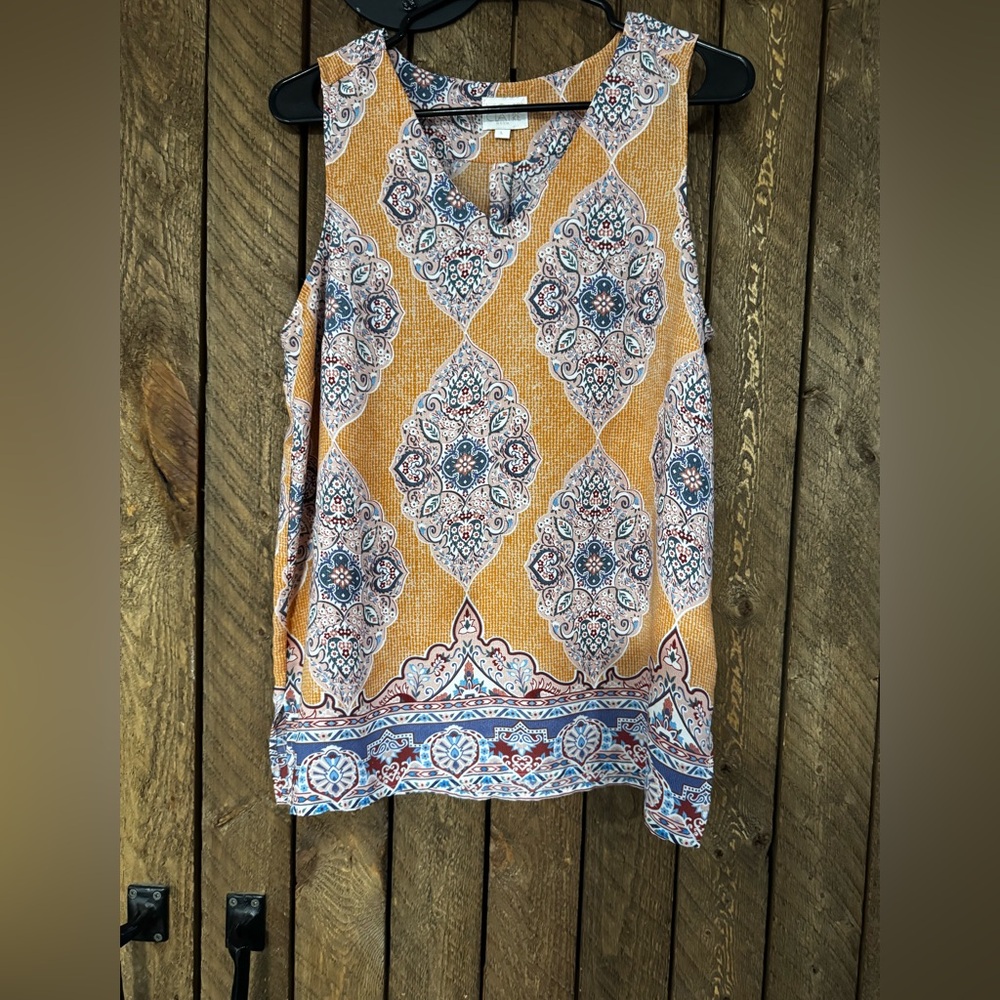 Violet & Claire Sleeveless Top - Orange and Blue Medallion